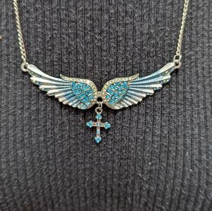 Angel wings and cross Jeweled Silver tone necklace